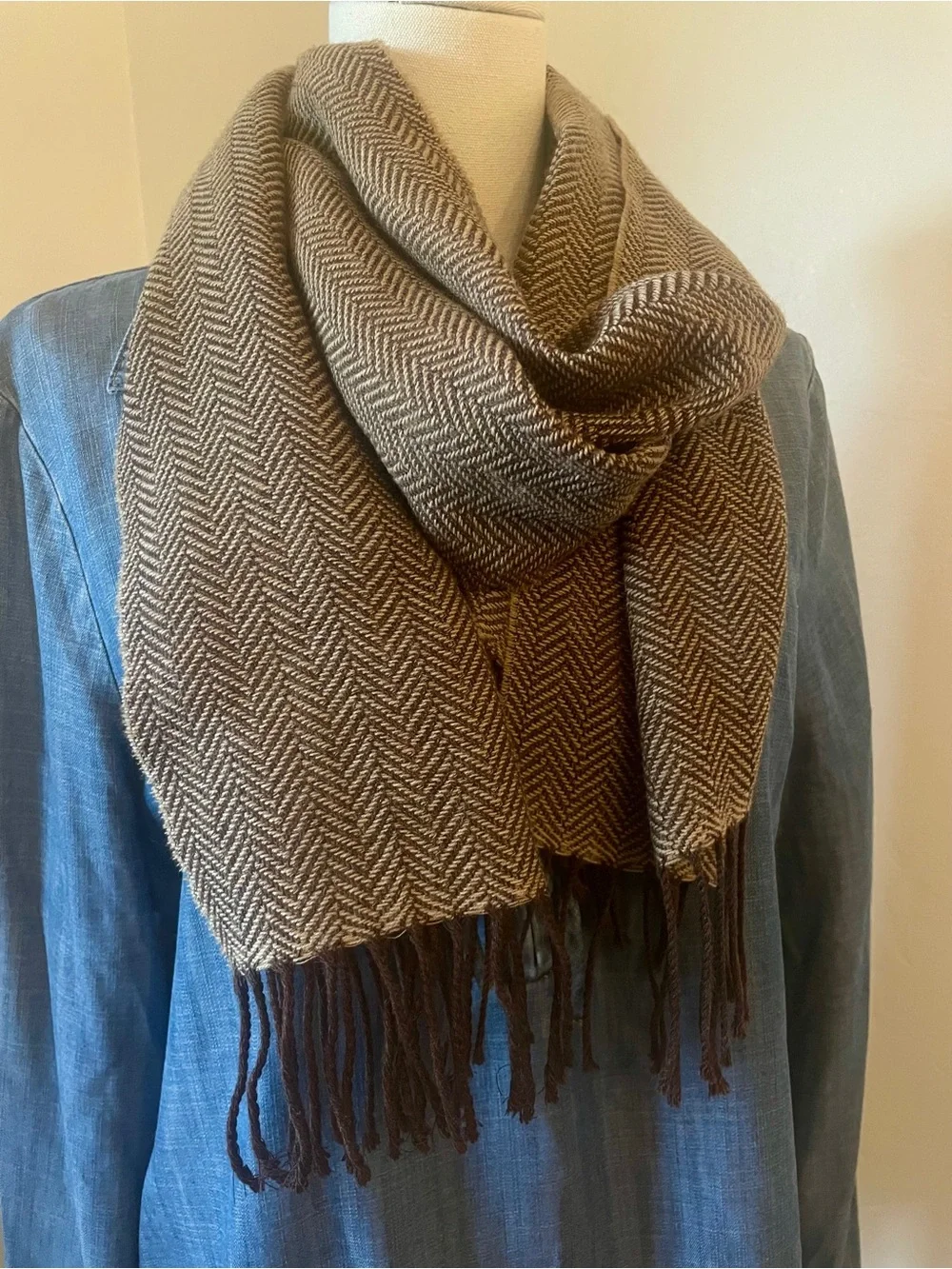 Brown Cream Herringbone 100% Wool Scarf | Fringe Quiet Luxury Wrap